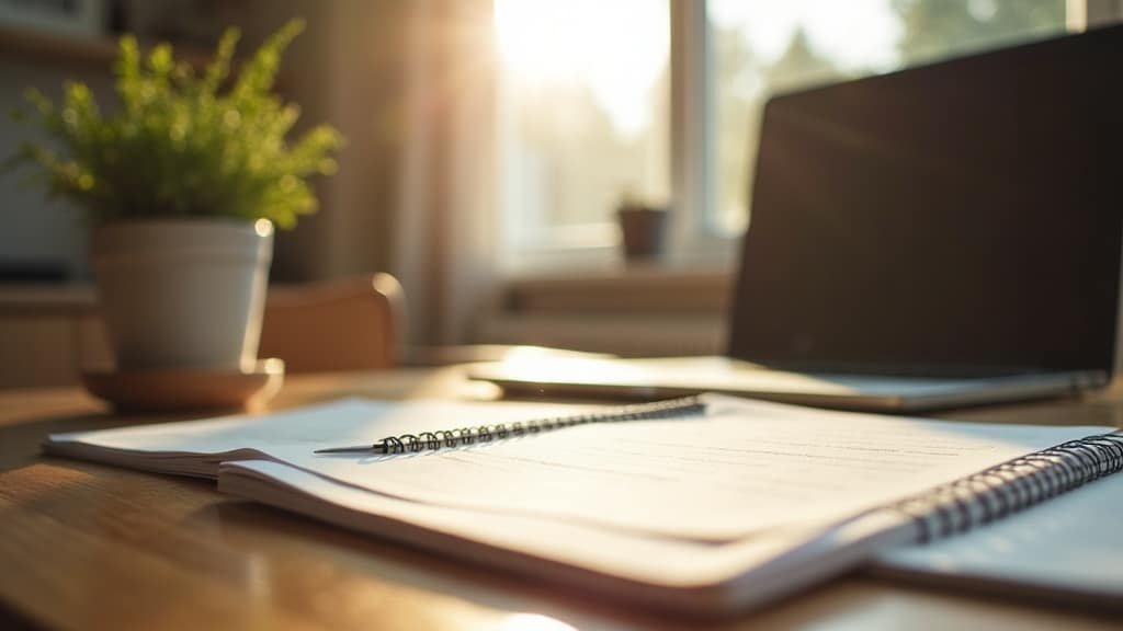 A home desk with a scholarship application, notebook and laptop