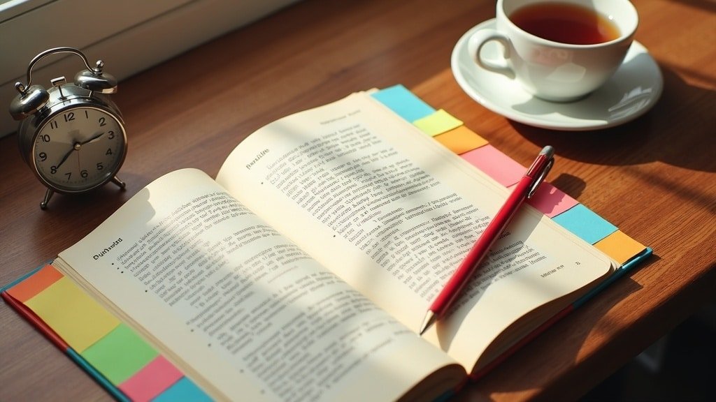 How Often Should You Reassess French Progress in a Homeschool Setting? 1 An open French workbook with colorful sticky-note tabs, a red pen and a desk clock