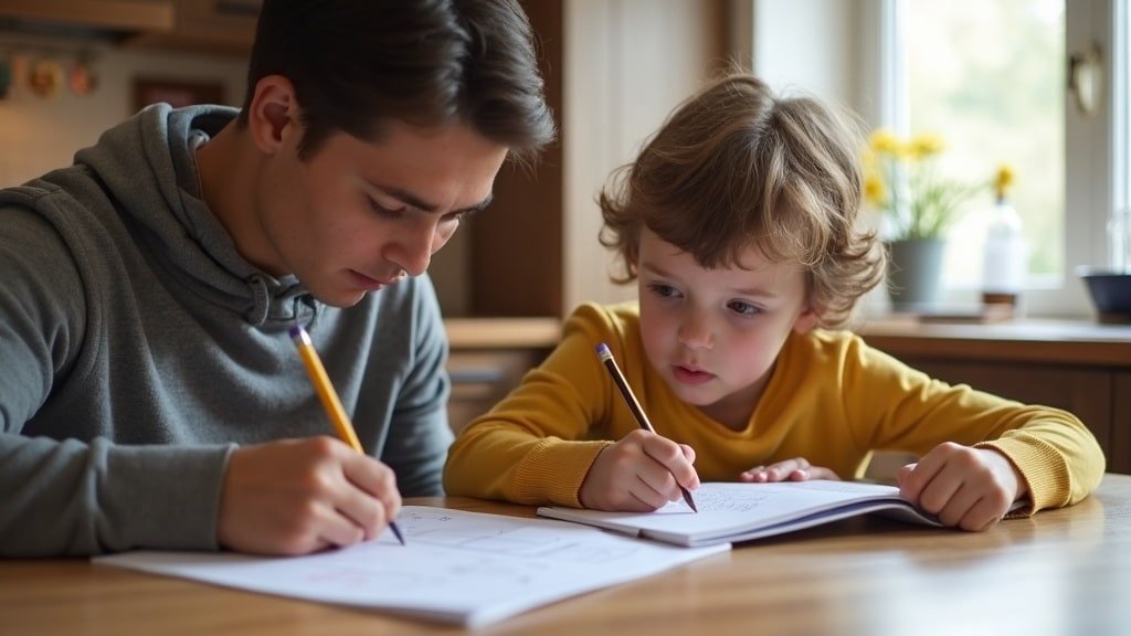 A parent and child reviewing a French workbook at a kitchen table