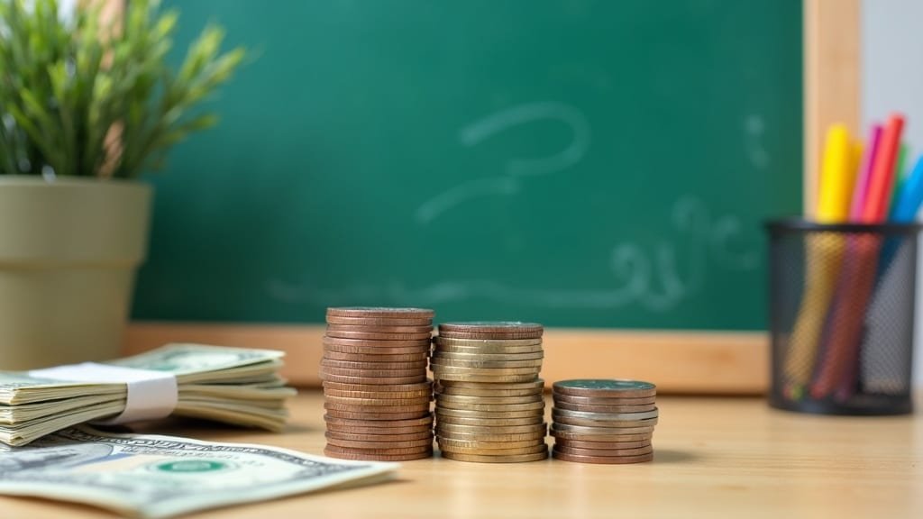 How Much Does Homeschooling Cost Per Year? (2026 Range) 1 Stacks of coins and school supplies representing a homeschool budget