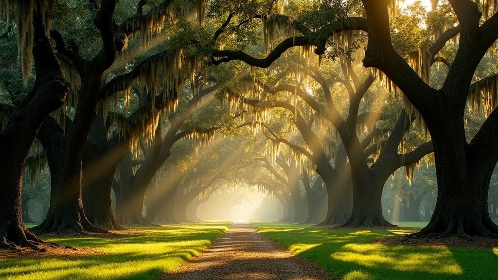 Savannah Georgia live oak avenue draped with Spanish moss