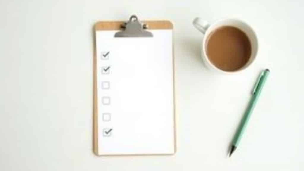 A clipboard checklist with a pen and a cup of coffee