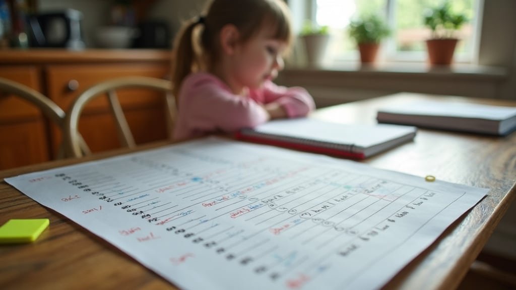 A French progress chart and a childs workbook on a kitchen table