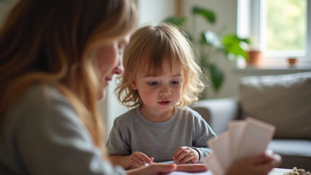 My Child Understands French but Won’t Speak: Why This Is Normal 2 A shy child holding French flashcards with an encouraging parent nearby