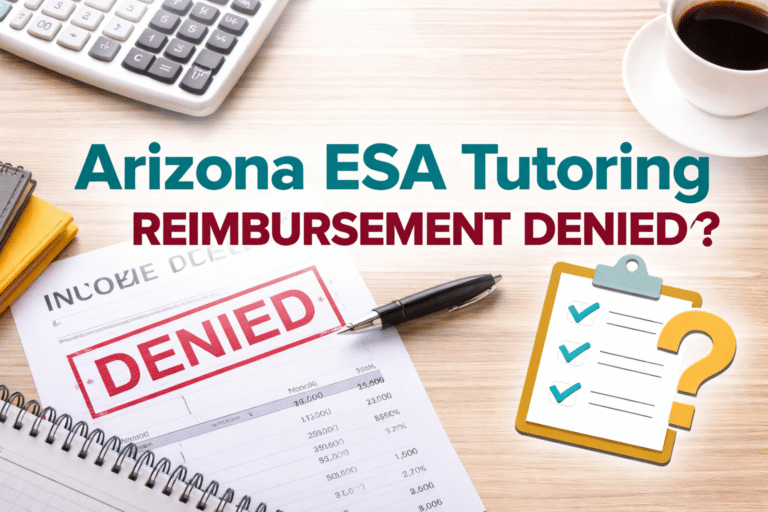 Arizona ESA tutoring reimbursement denied notice with invoice and checklist illustration