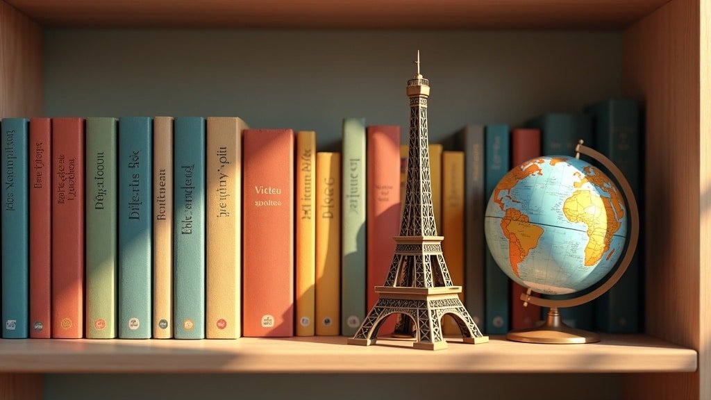 A home bookshelf with French children's books, an Eiffel Tower model and a globe
