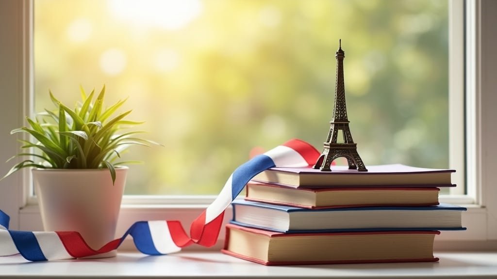 French language books with an Eiffel Tower figurine on a sunny windowsill