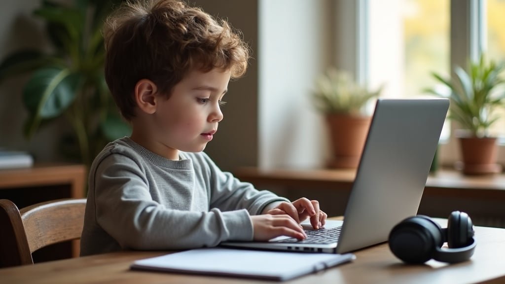 A child in an online French tutoring session at home