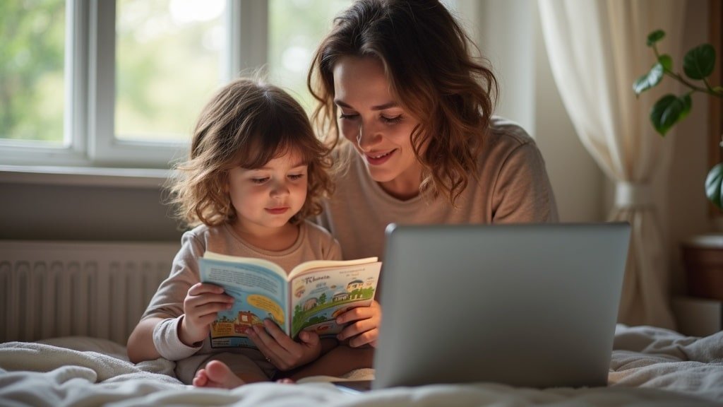 A parent and young child learning French together with a picture book