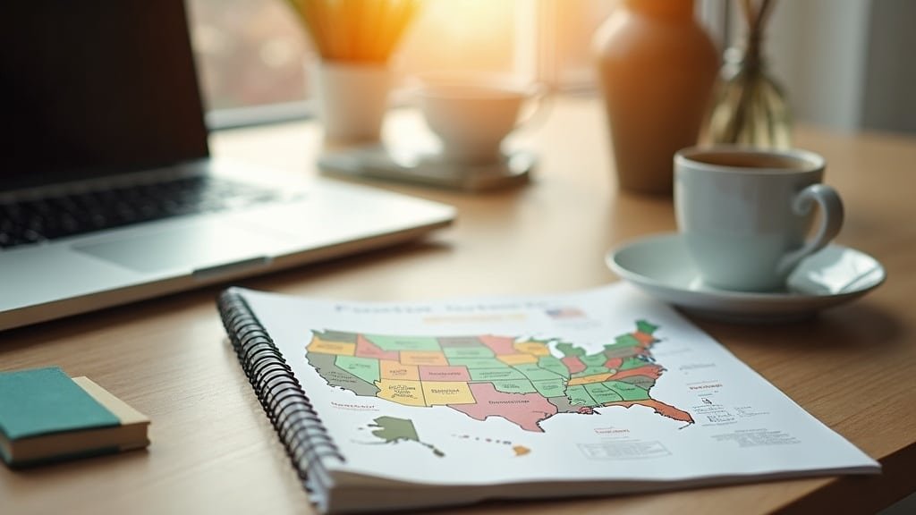 A homeschool desk with a US map, funding notes and a laptop