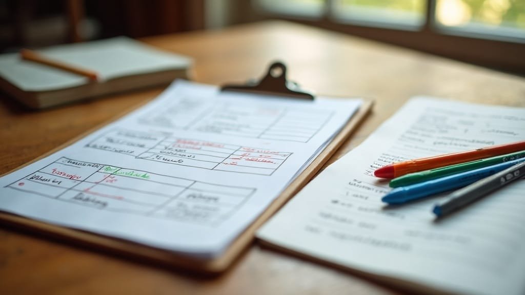 A French assessment checklist on a clipboard with a workbook