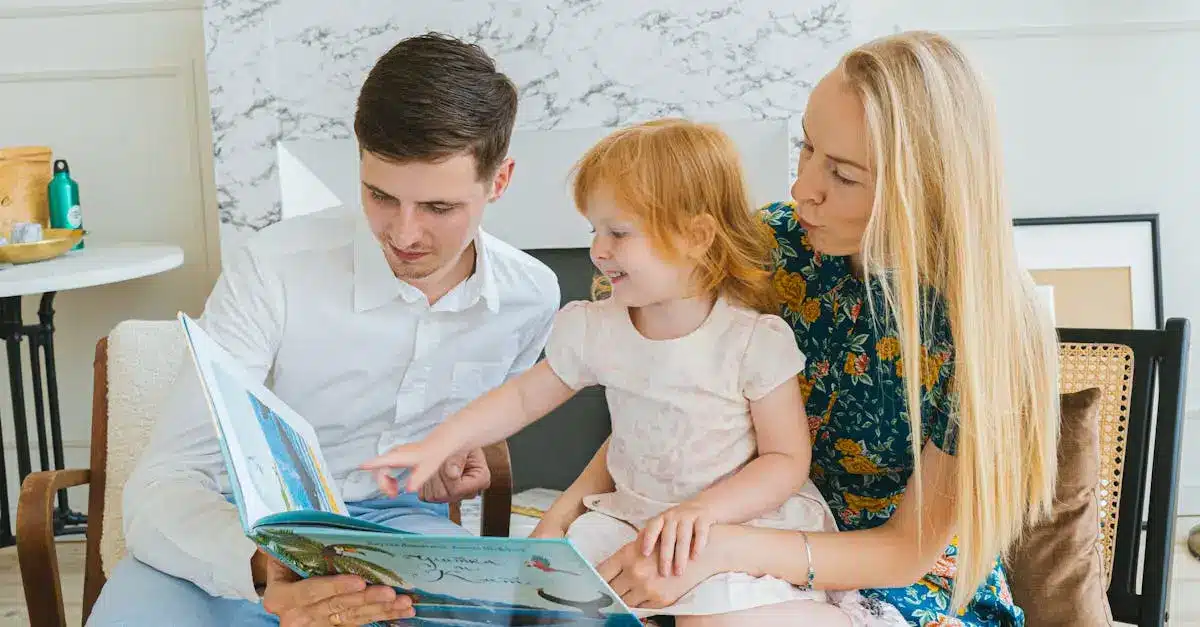A family enjoying a book together, fostering love and bonding indoors.