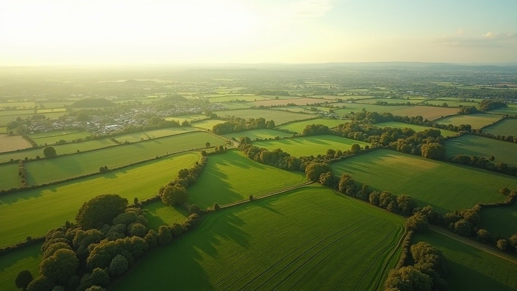 Aerial view of green American farmland and rolling hills