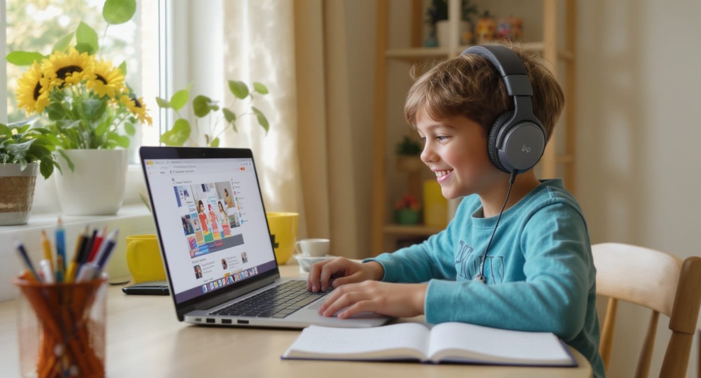 A child taking an online French lesson on a laptop with headphones, smiling and writing notes