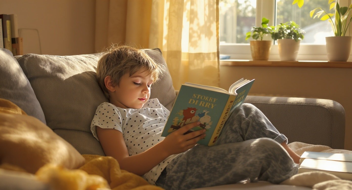 A child reading a storybook on a cozy couch by a sunlit window during a homeschool day