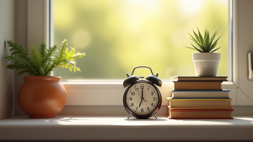 An alarm clock beside a stack of books on a sunny windowsill