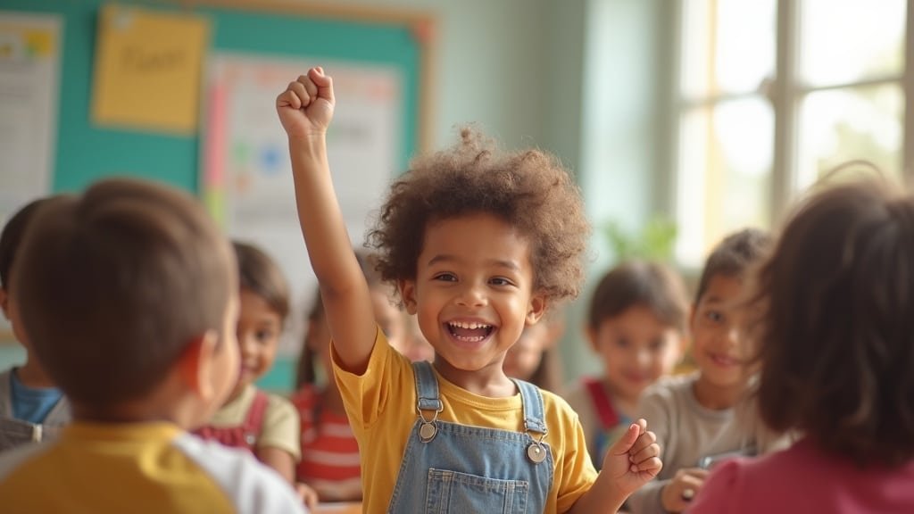 A confident child raising their hand in a bright classroom