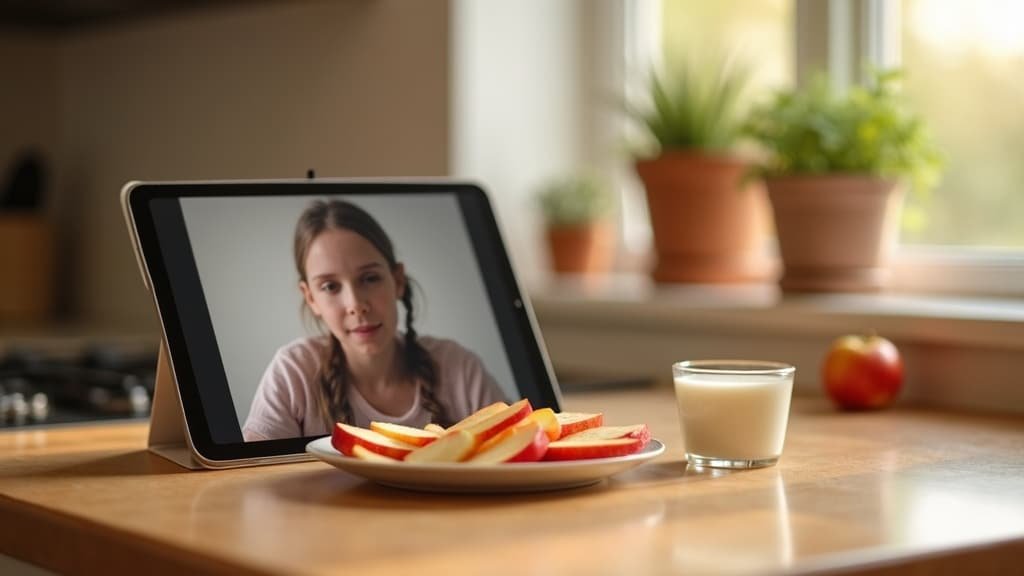 An after-school snack with a tablet propped up for a video lesson
