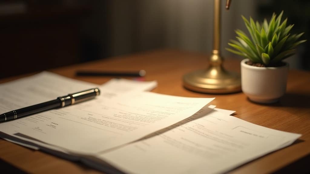 A stack of official papers and a pen on a desk