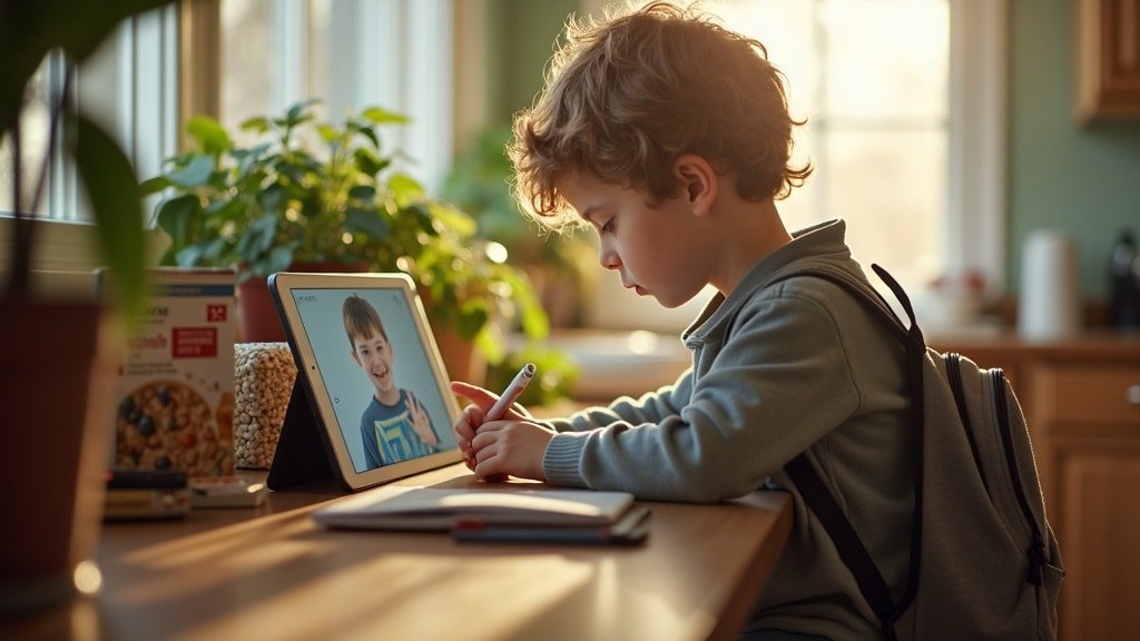Why Your Child's French Immersion Support Keeps Changing 2 A child on a video tutoring call at a kitchen counter