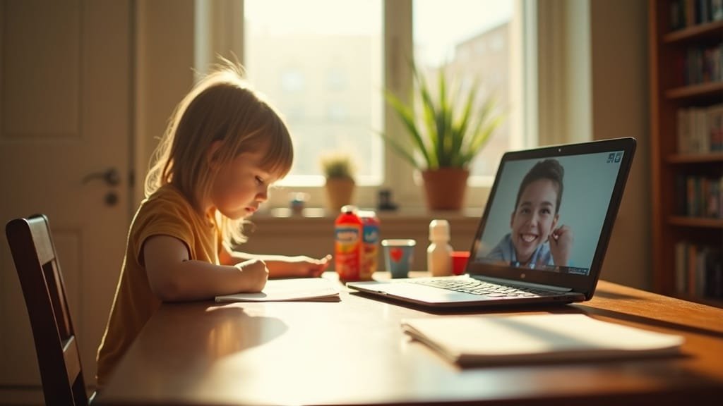 After-School French and Spanish Tutoring in Ontario 2 A child doing homework with a laptop video call open