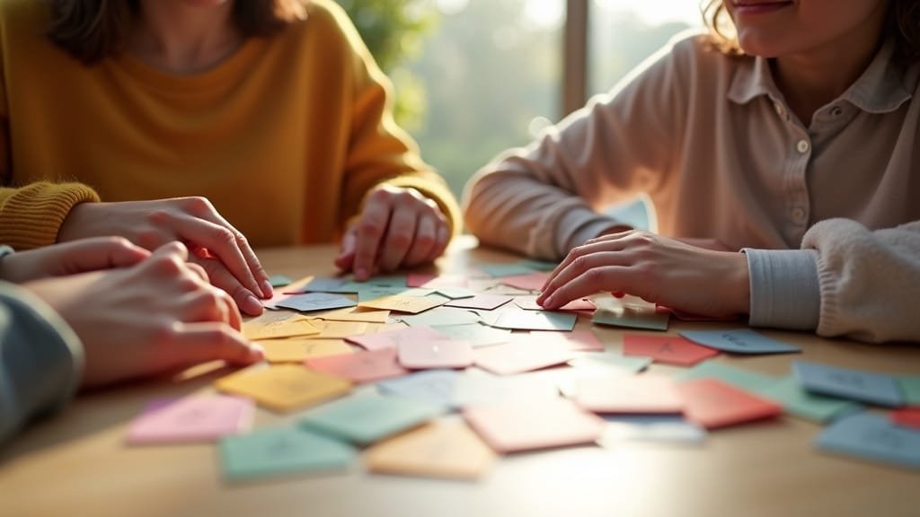 How to Add French to Your Homeschool Curriculum (Even If You Don't Speak It) 2 A parent and child with French vocabulary flashcards spread on a table