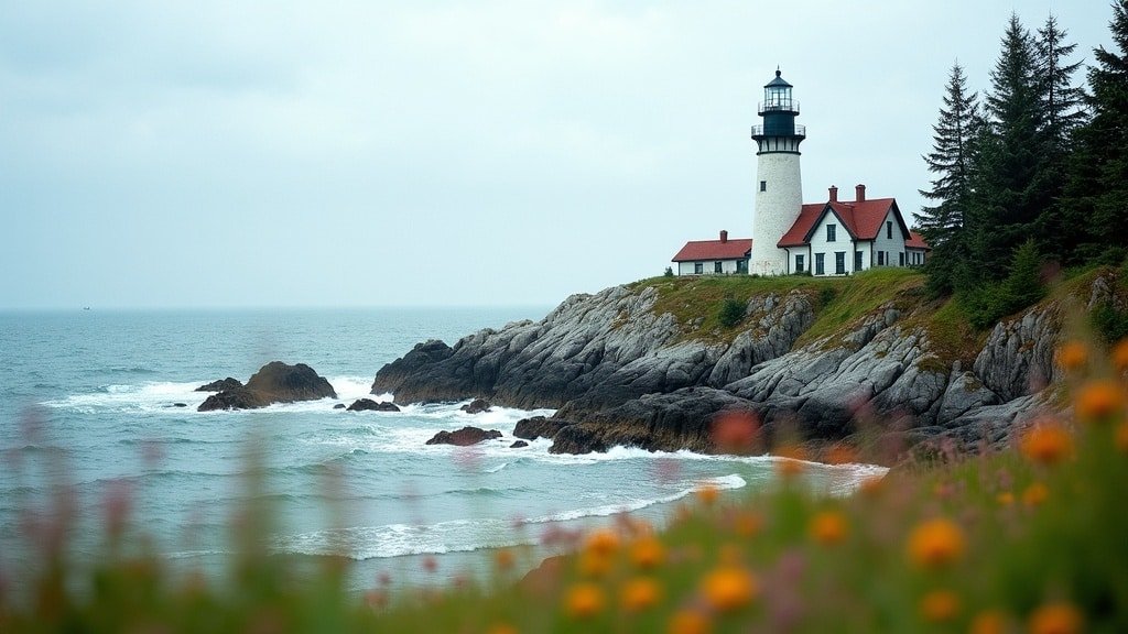 An Atlantic Canada lighthouse on a rocky coastal shore