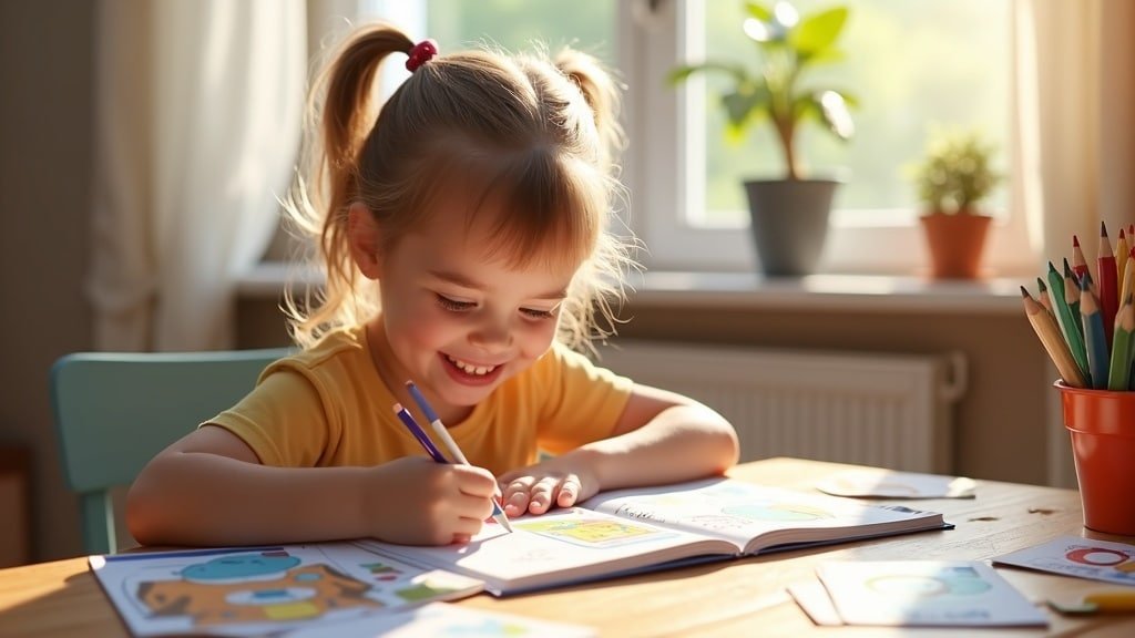 A happy child working through a French activity workbook