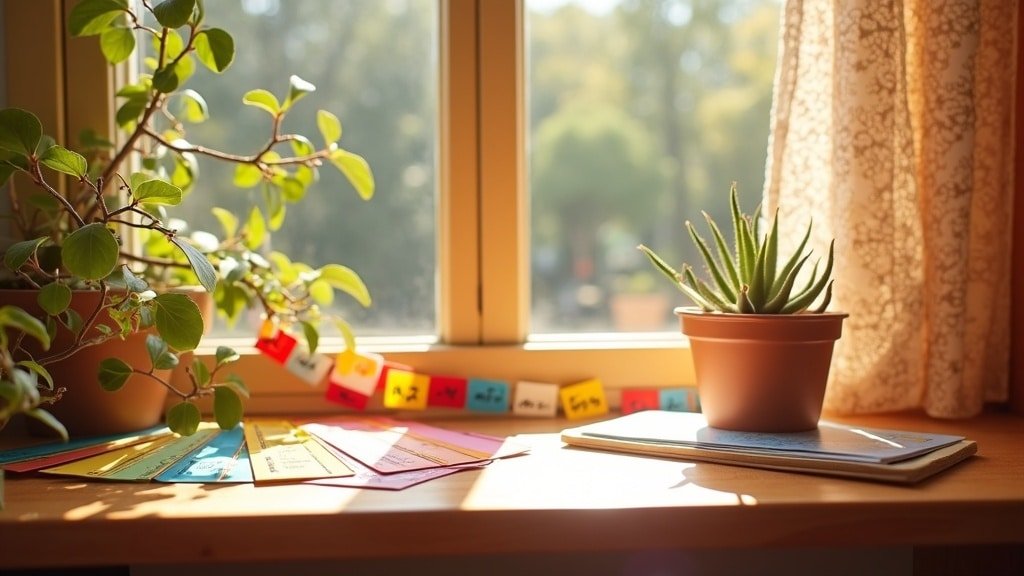 Online Spanish Tutoring for Homeschool Kids: What to Look for in a Certified Tutor 2 A sunny windowsill with Spanish vocabulary flashcards and a potted succulent