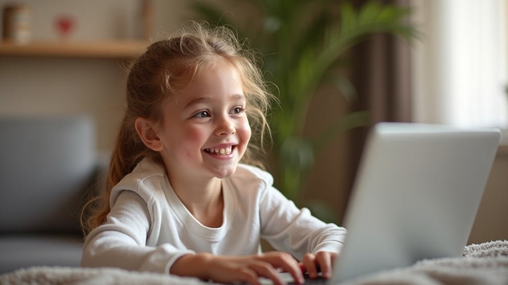 A child smiling during a one-on-one online French lesson