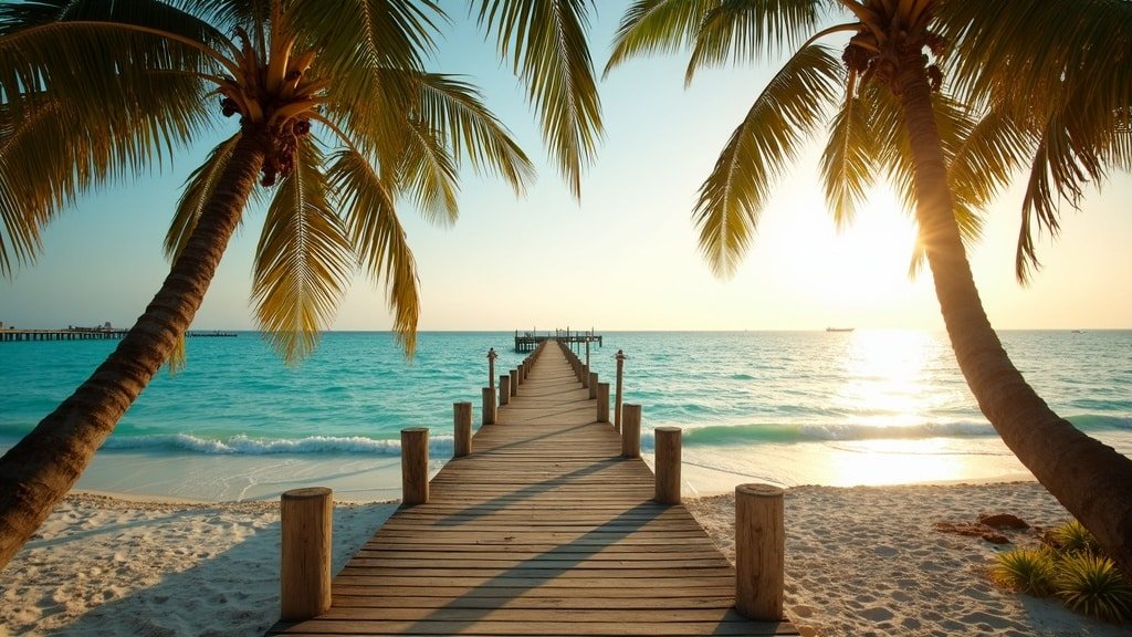 Florida Keys shoreline with pier and palm trees