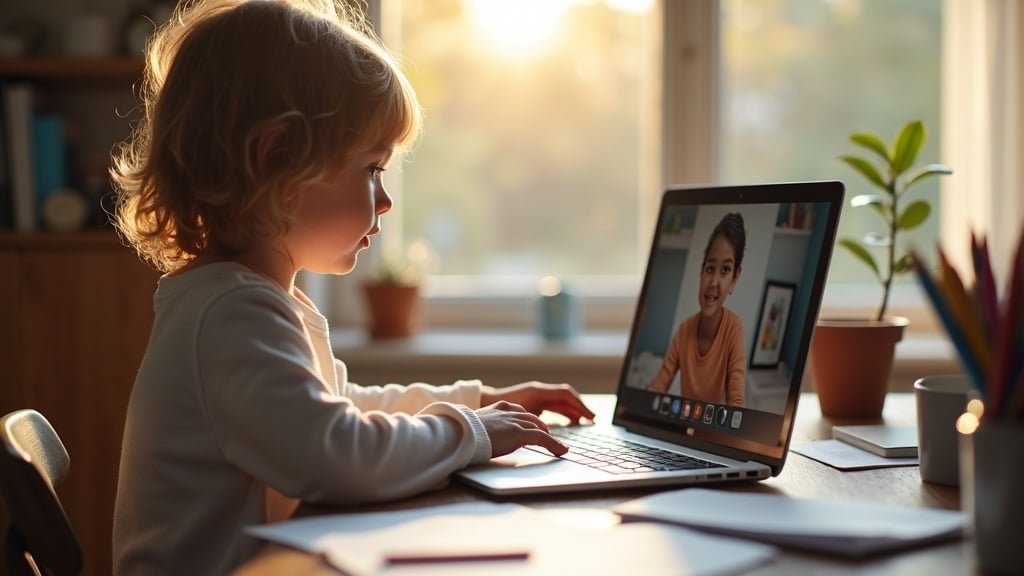 A child on an online French tutoring video call, an example of Arkansas EFA language tutoring in practice