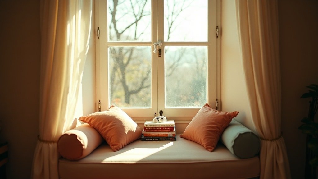 A handheld shot of a cozy window-seat reading nook with cushions and books