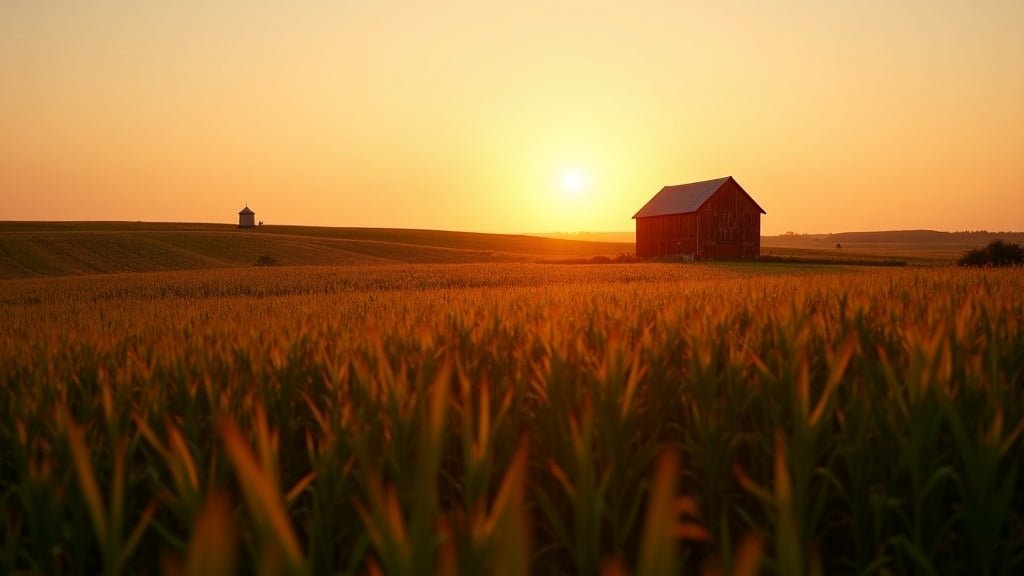 Rolling Iowa cornfields with red barn at sunset