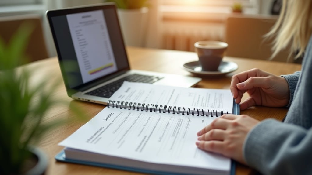 A parent reviewing a home education program binder with a laptop invoice